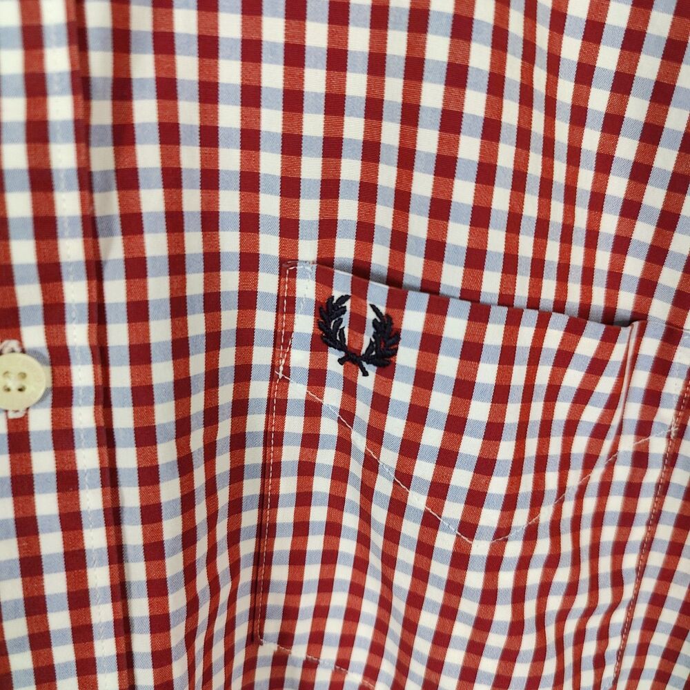 Fred Perry Size Large Red Check Button Down Long Sleeve Preppy Logo Shirt - Picture 4 of 8